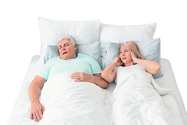 Couple sleeping man snoring wife plugging ears